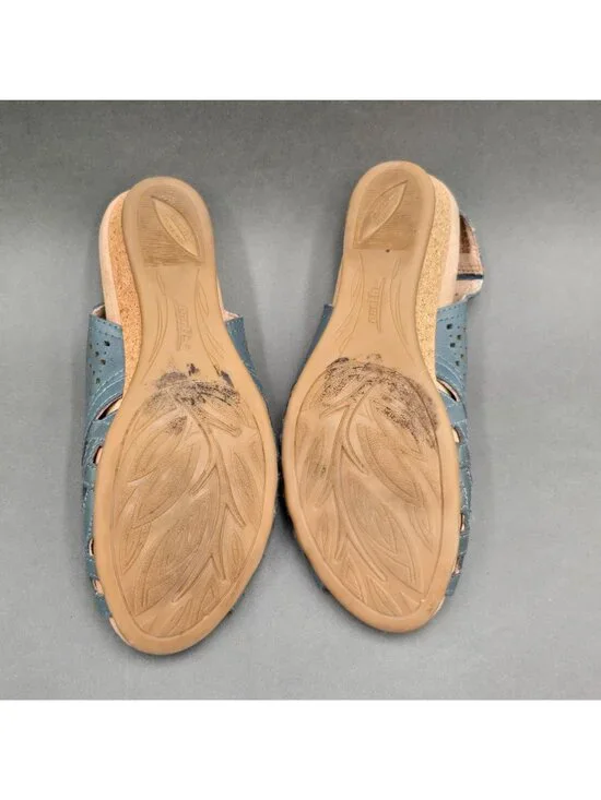 Earth Pisa Galli Blue Leather Wedge Sandals Size 7 Perforated Slingback - Picture 6 of 10